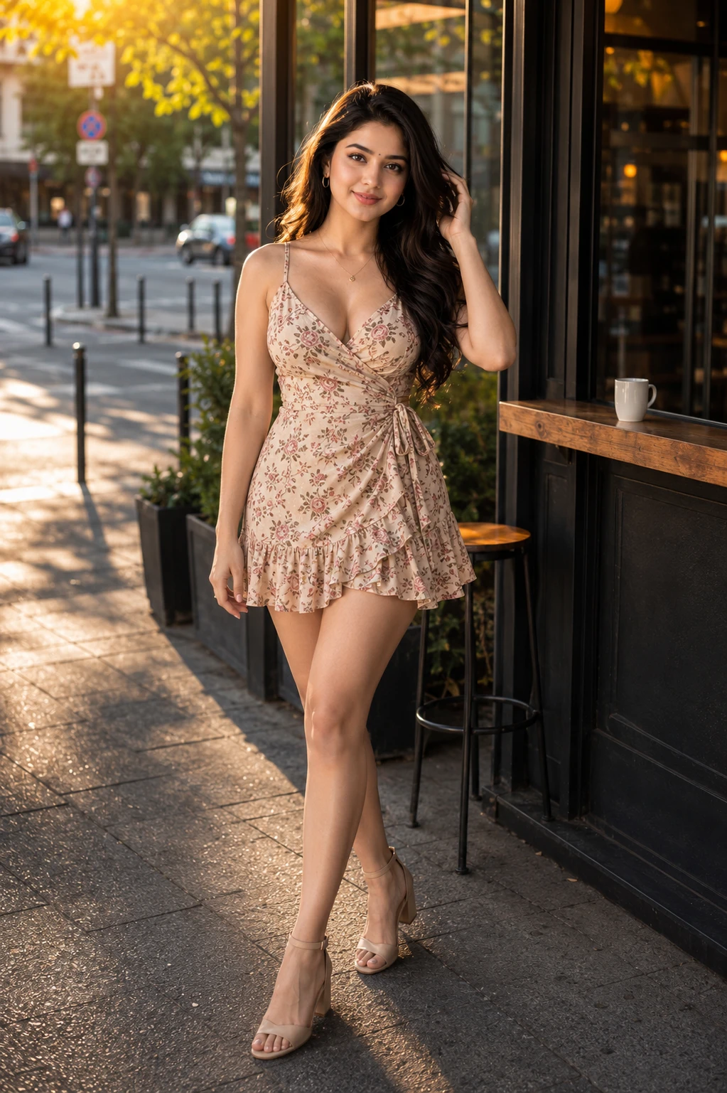 Model touching hair with a sweet smile