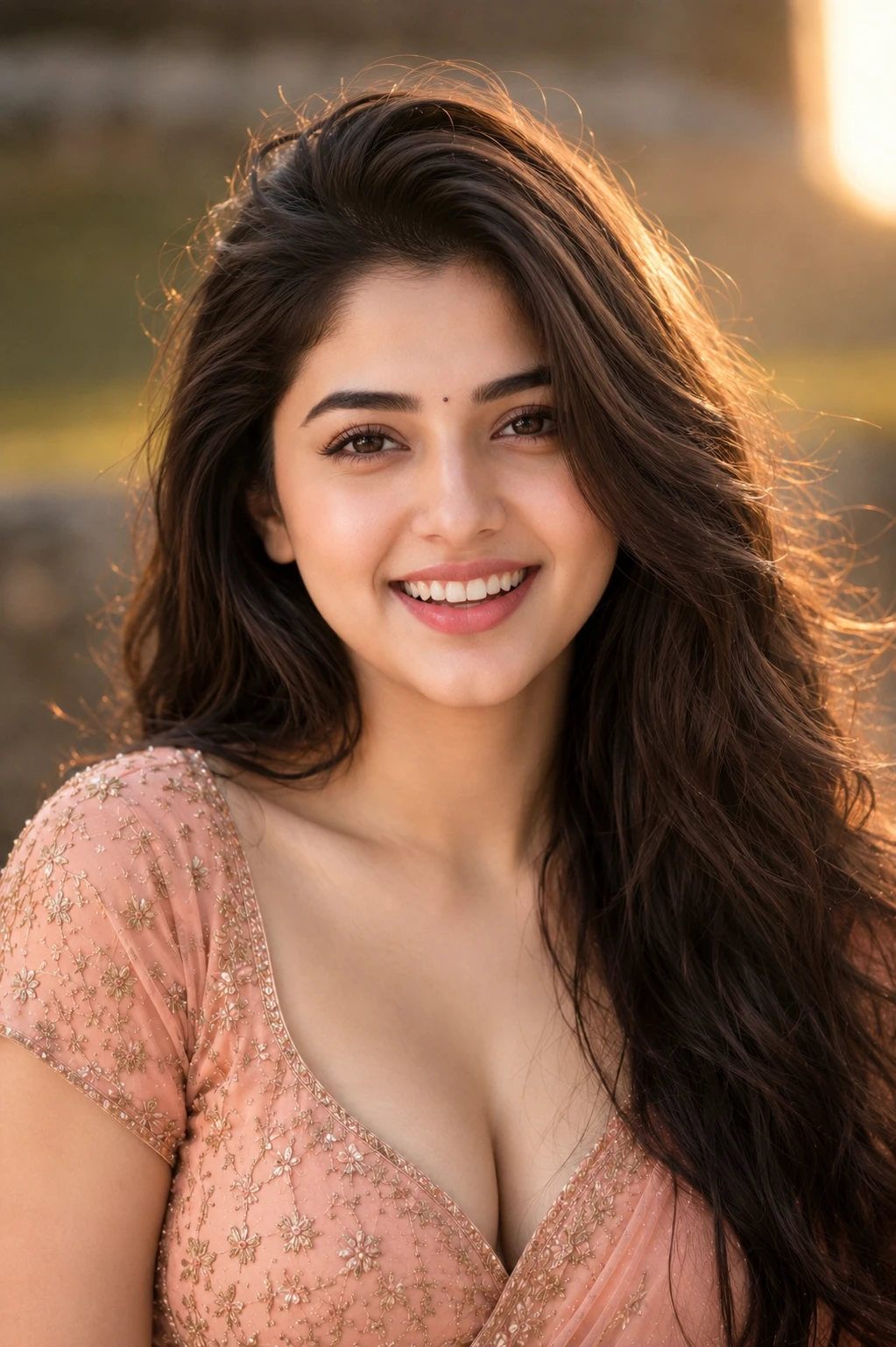 Indian woman laughing in emerald satin gown during golden hour