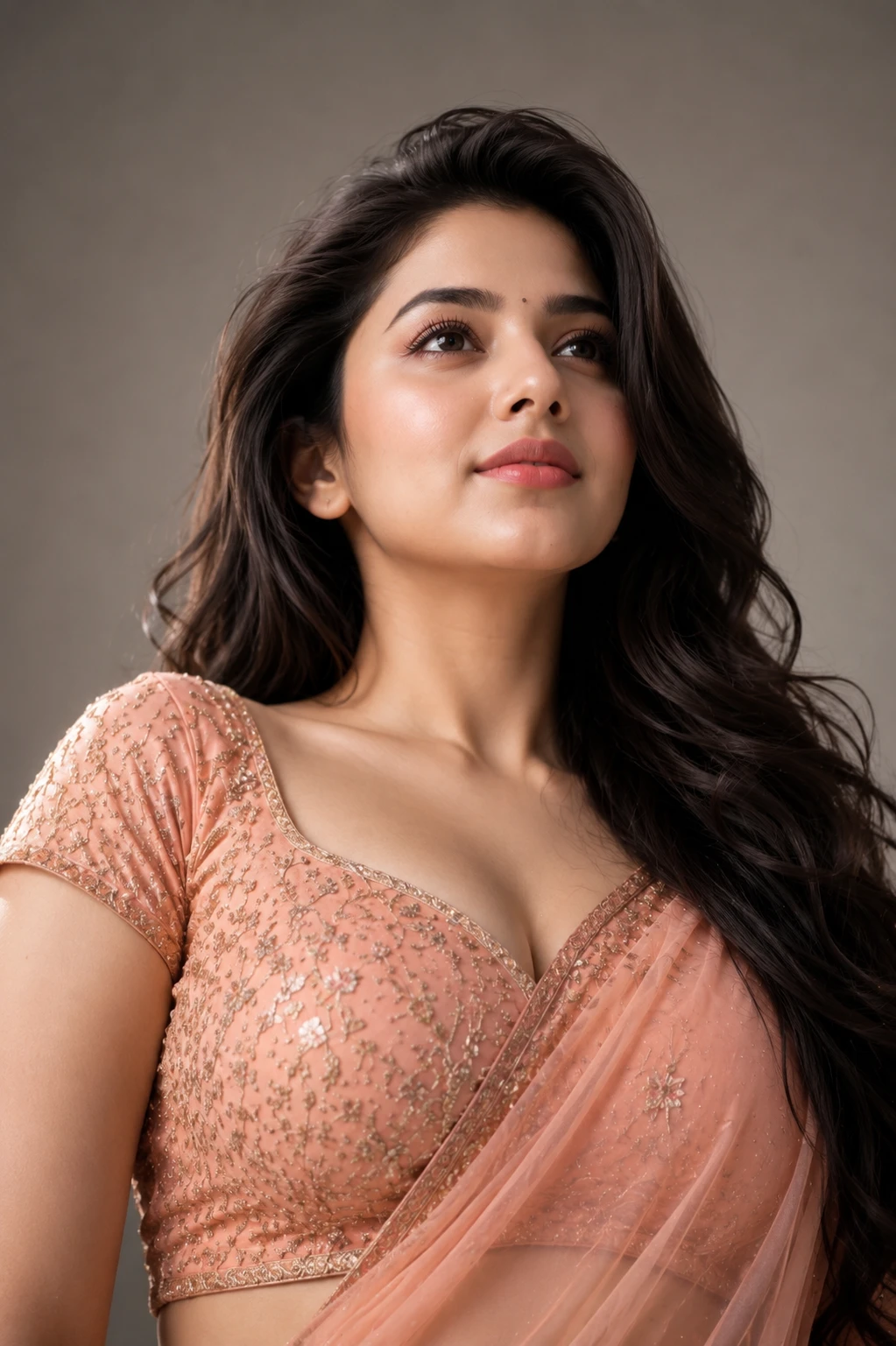 Confident Indian woman in emerald satin gown looking upward with dramatic soft lighting