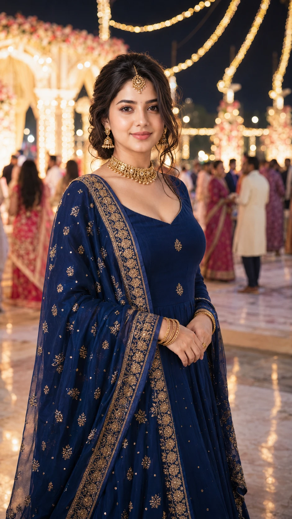 Close-up of woman adjusting her maang tikka with a slight smile
