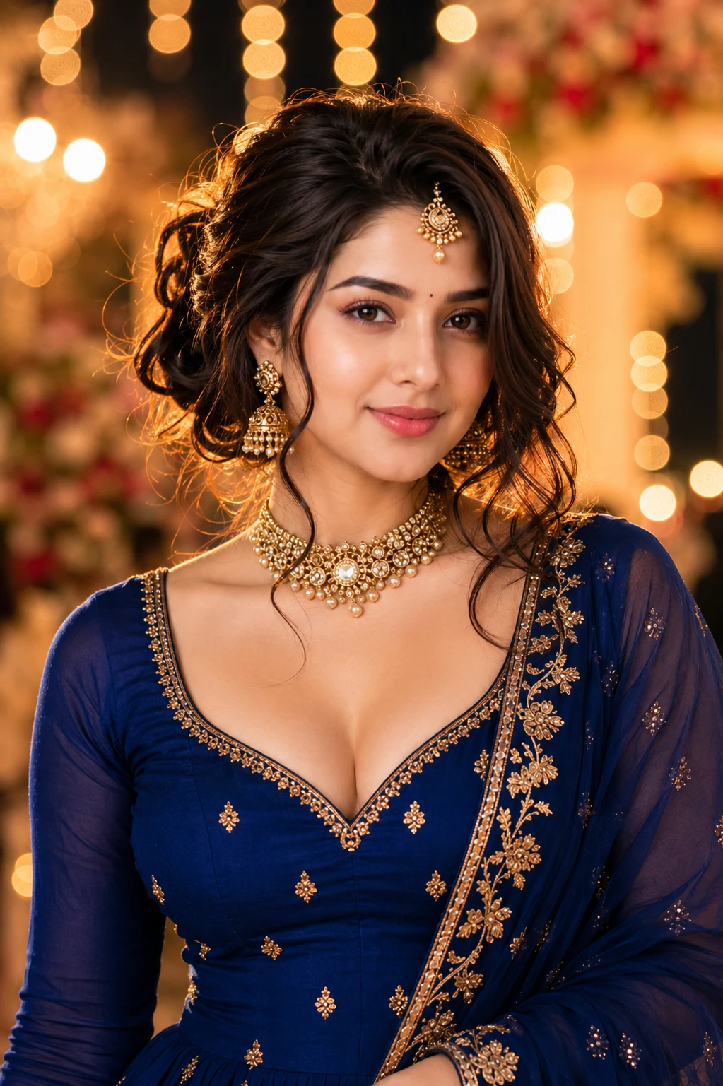 Woman seated in an ornate chair, looking regal in a royal blue Anarkali suit