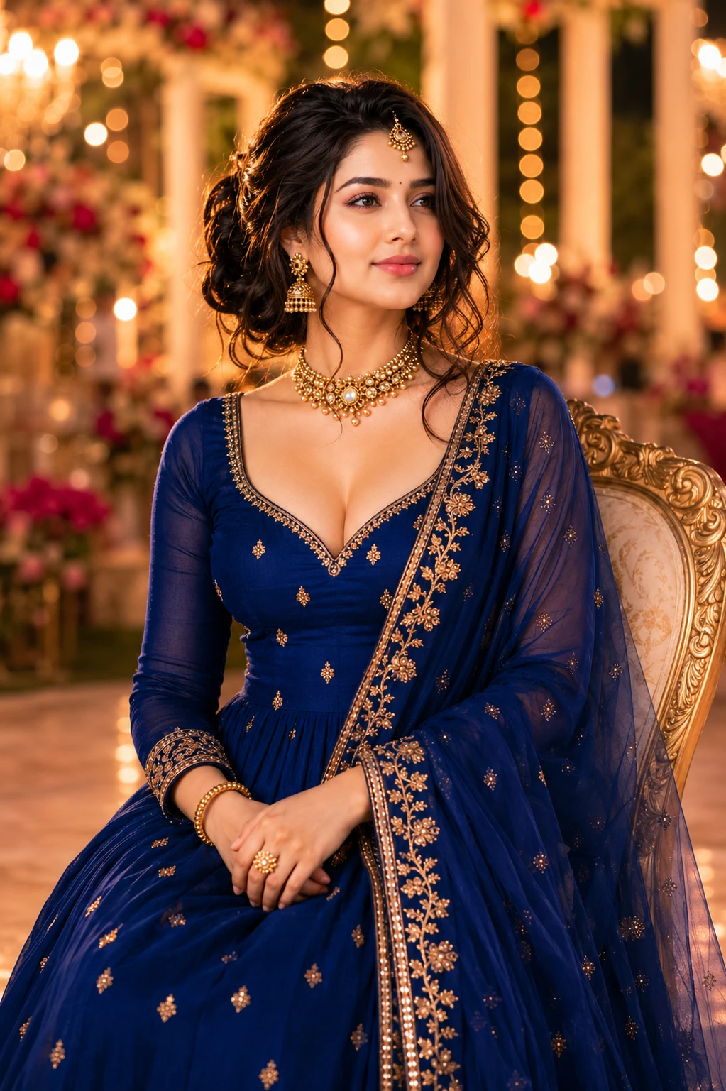 Woman standing tall with dupatta draped over arm, looking radiant