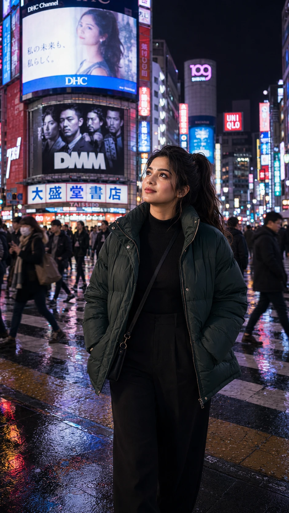 Woman looking up at giant neon billboard in awe