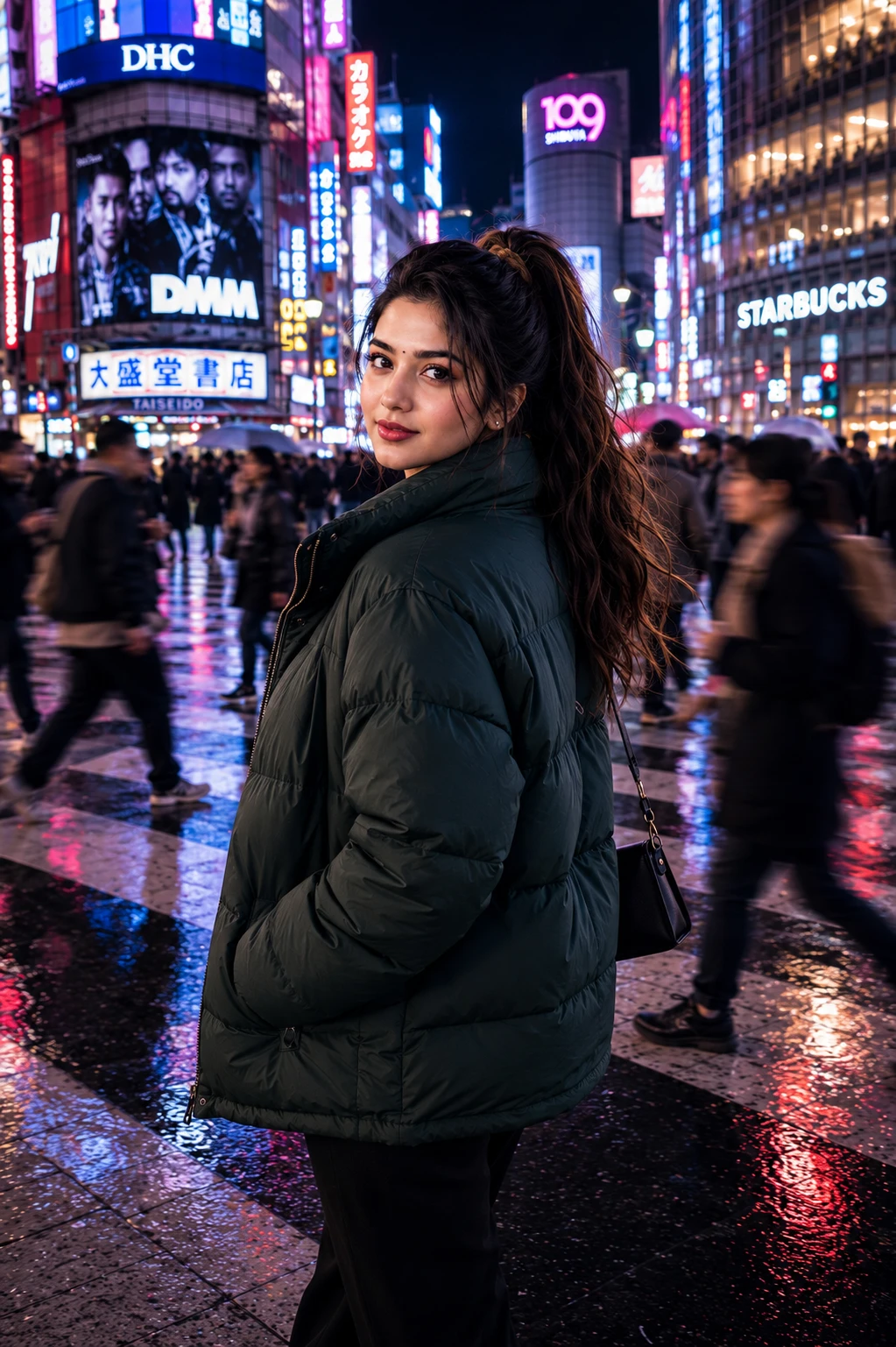 Woman walking in Shibuya crossing with motion blur and neon reflections
