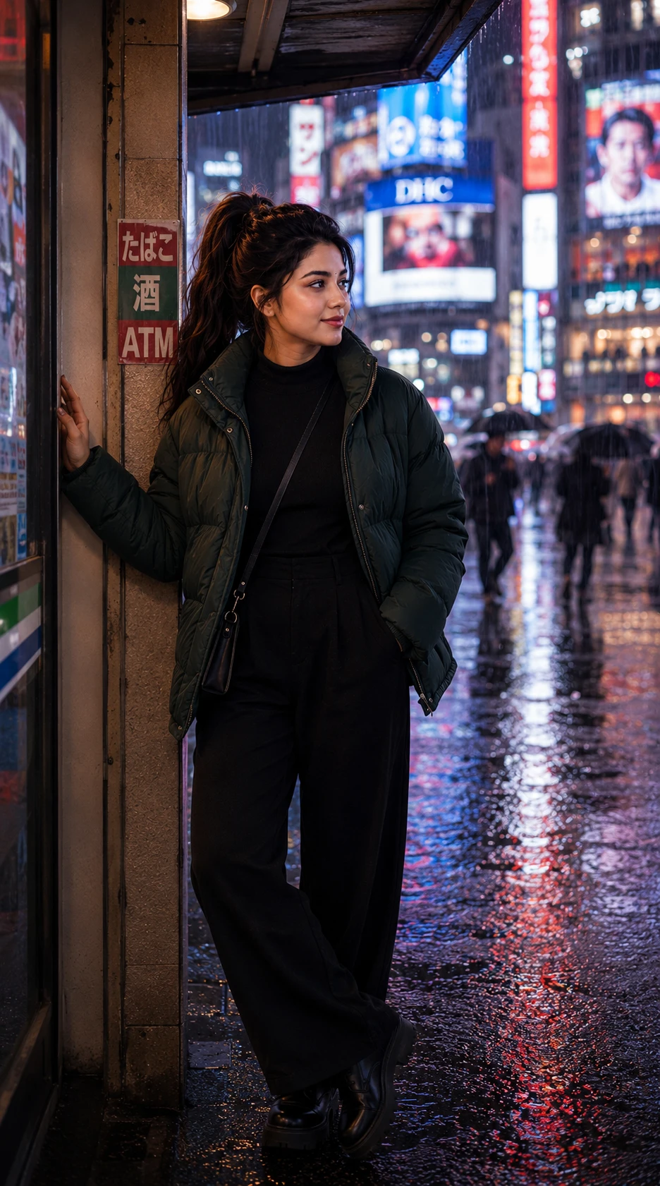 Woman sheltering under convenience store awning on a rainy night
