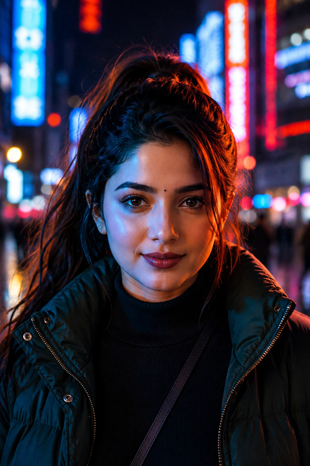 Close-up portrait of woman with piercing direct gaze and neon-lit face