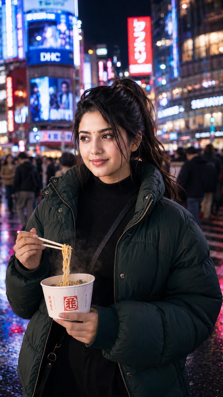 Woman holding hot noodle box and eating with chopsticks in half-body portrait