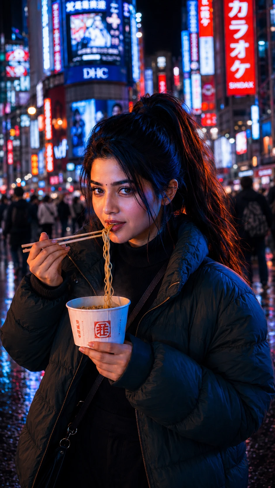 Woman eating noodles and looking at camera with candid expression