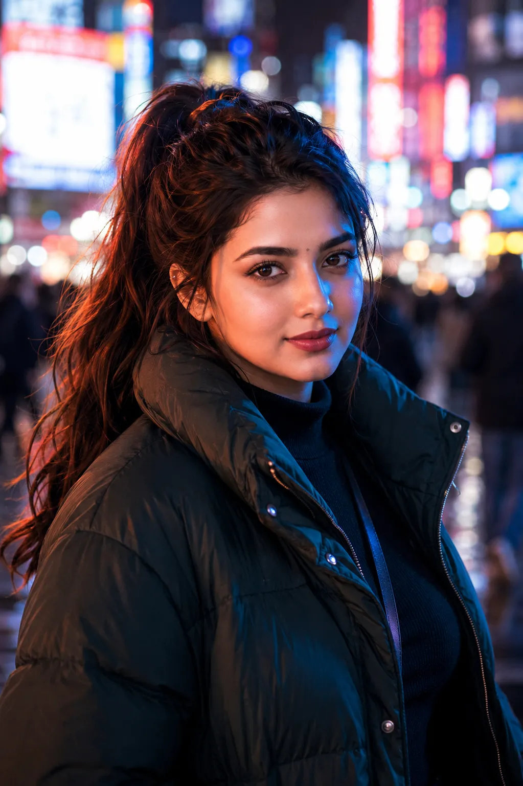 Woman in forest-green puffer jacket walking in Shibuya crossing at night