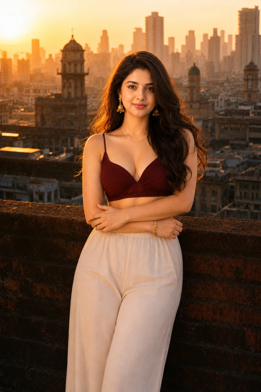 Woman leaning back against a parapet with a confident smile
