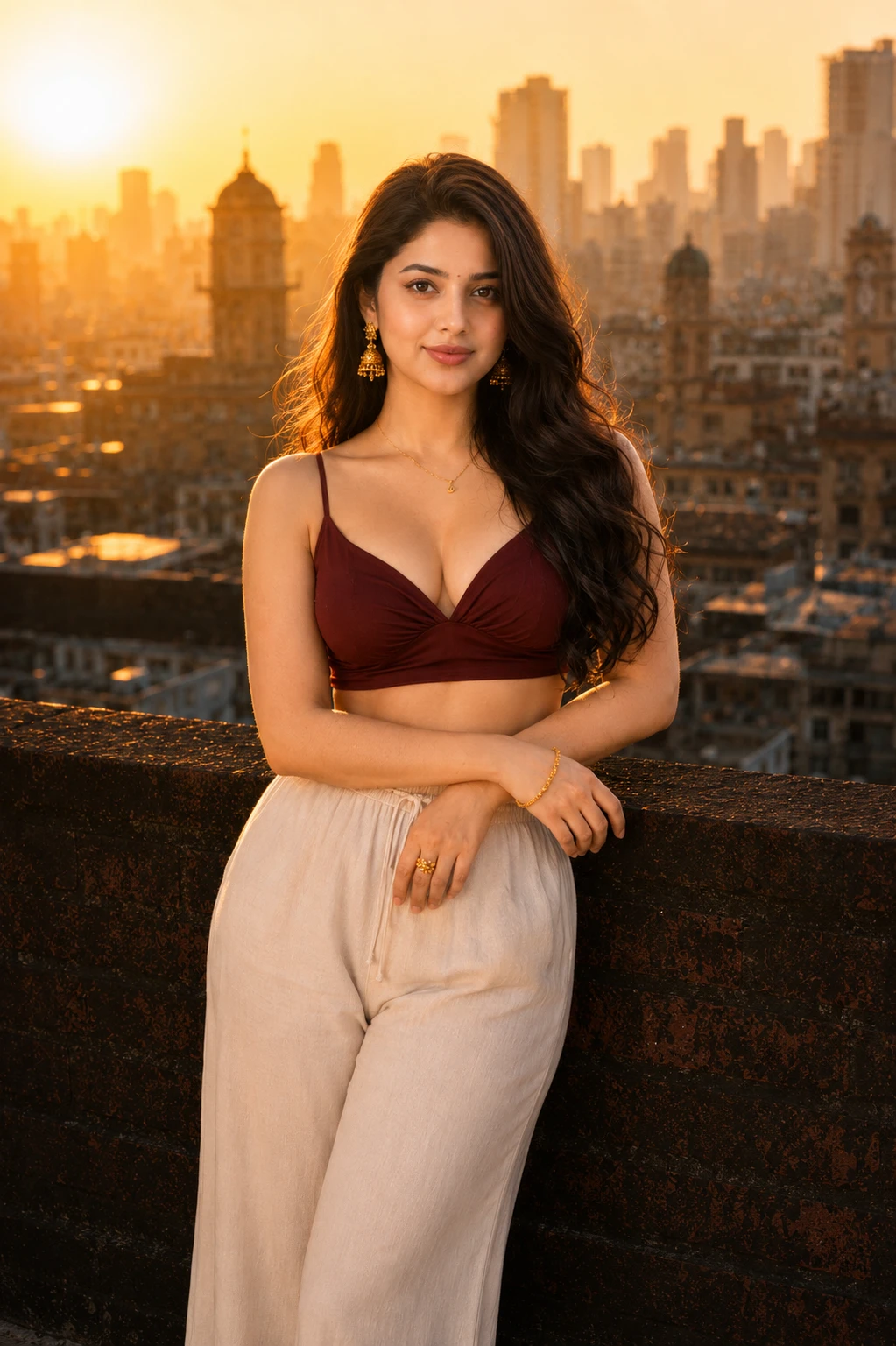 Woman leaning back against a parapet with a soft smile