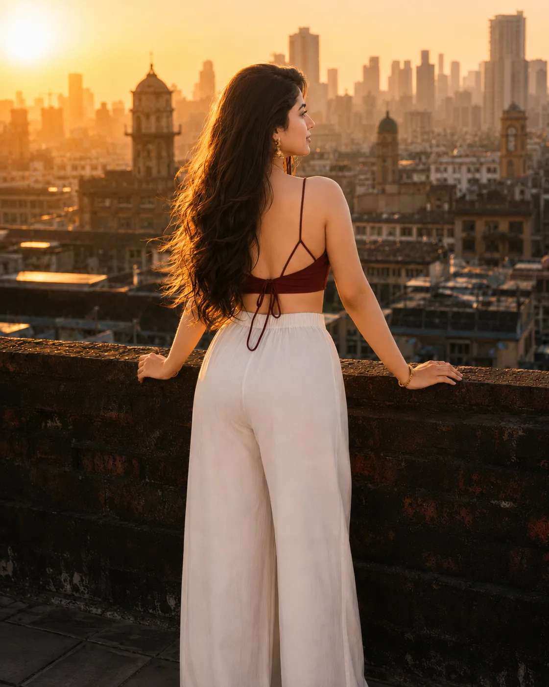 Woman standing at the edge of a rooftop, gazing out at the city